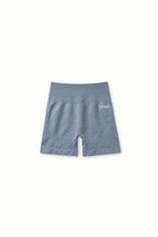 Blue athletic shorts with a brand logo on a white background