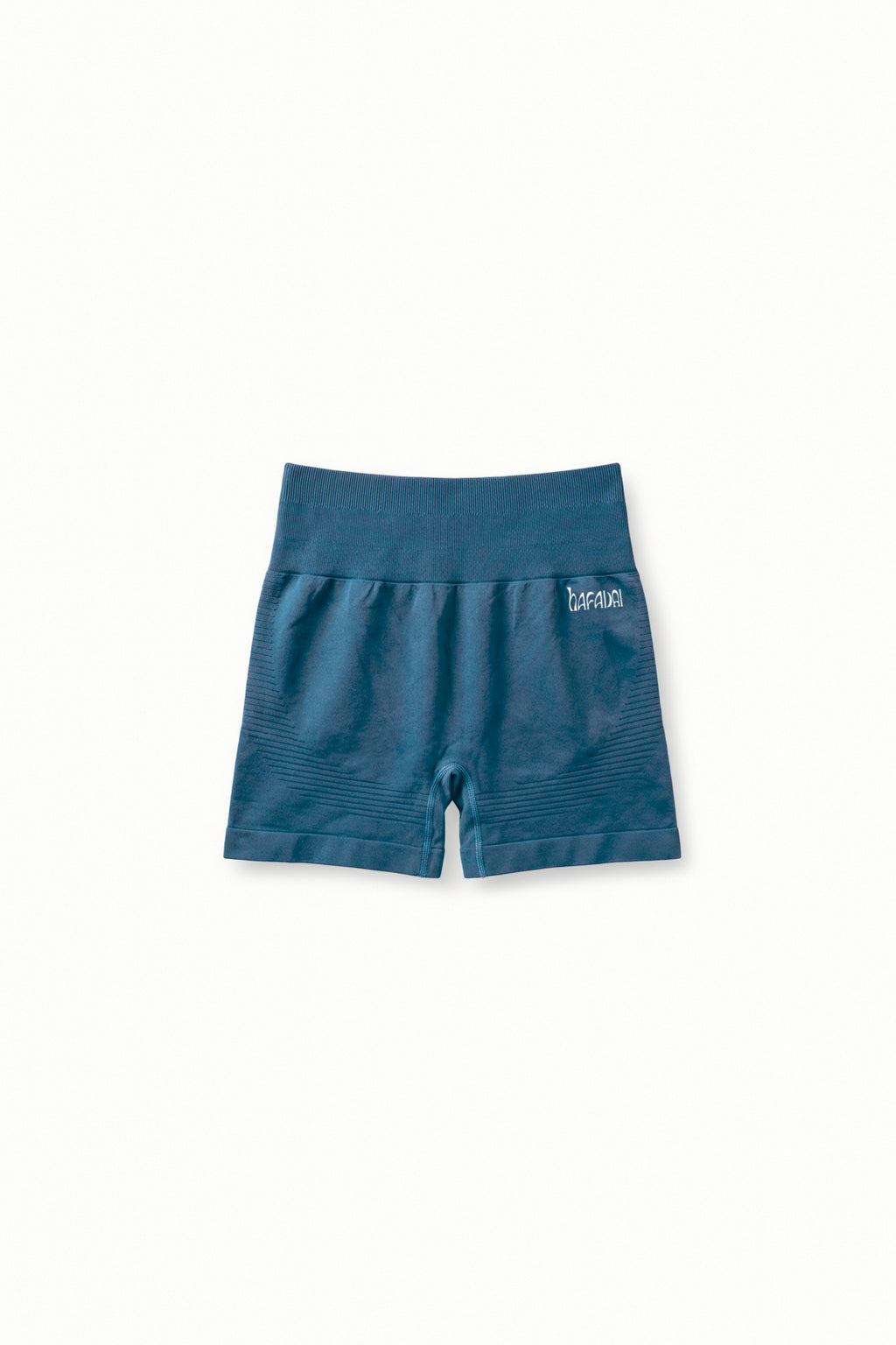 Blue shorts with a brand logo on a white background
