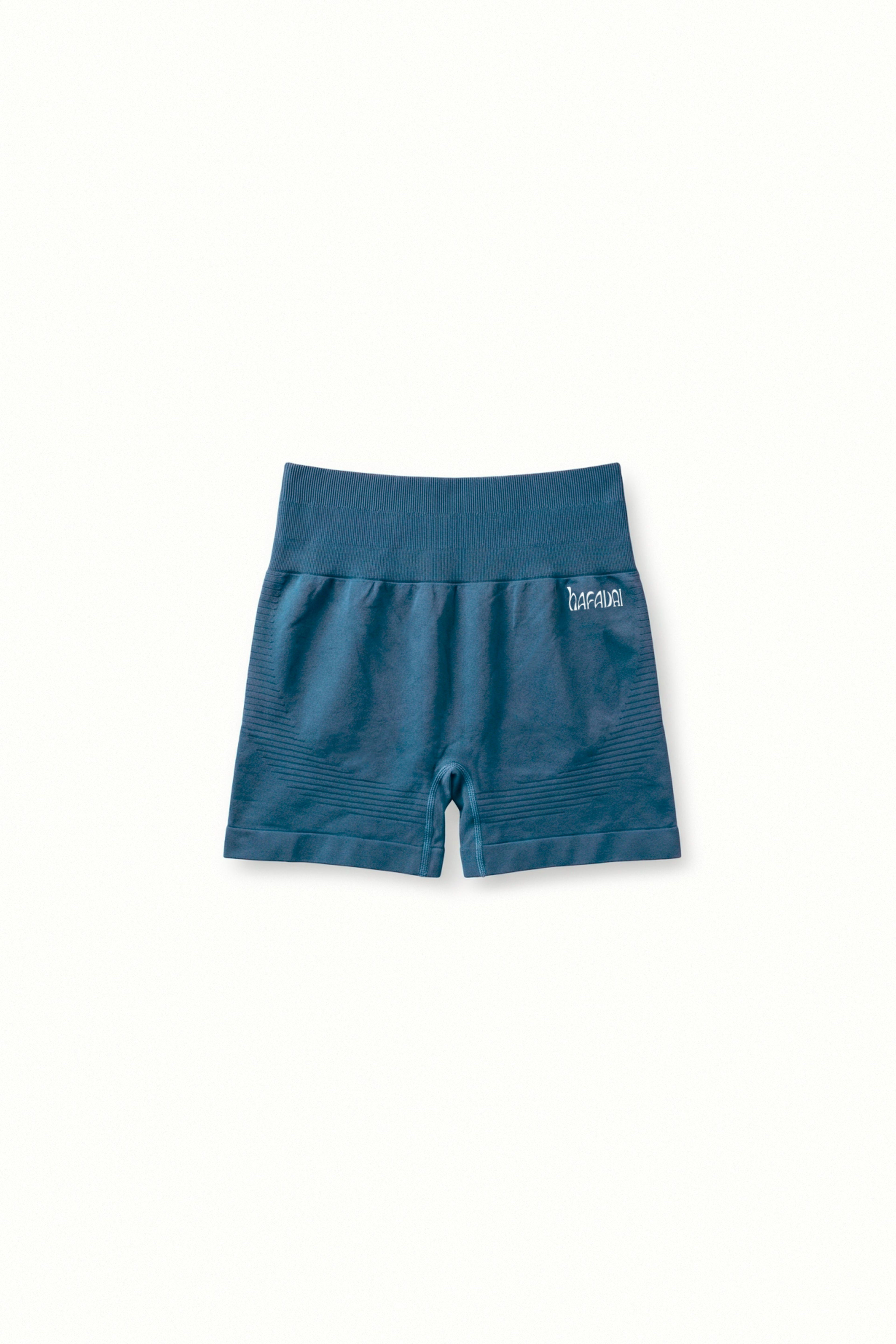 Blue shorts with a brand logo on a white background
